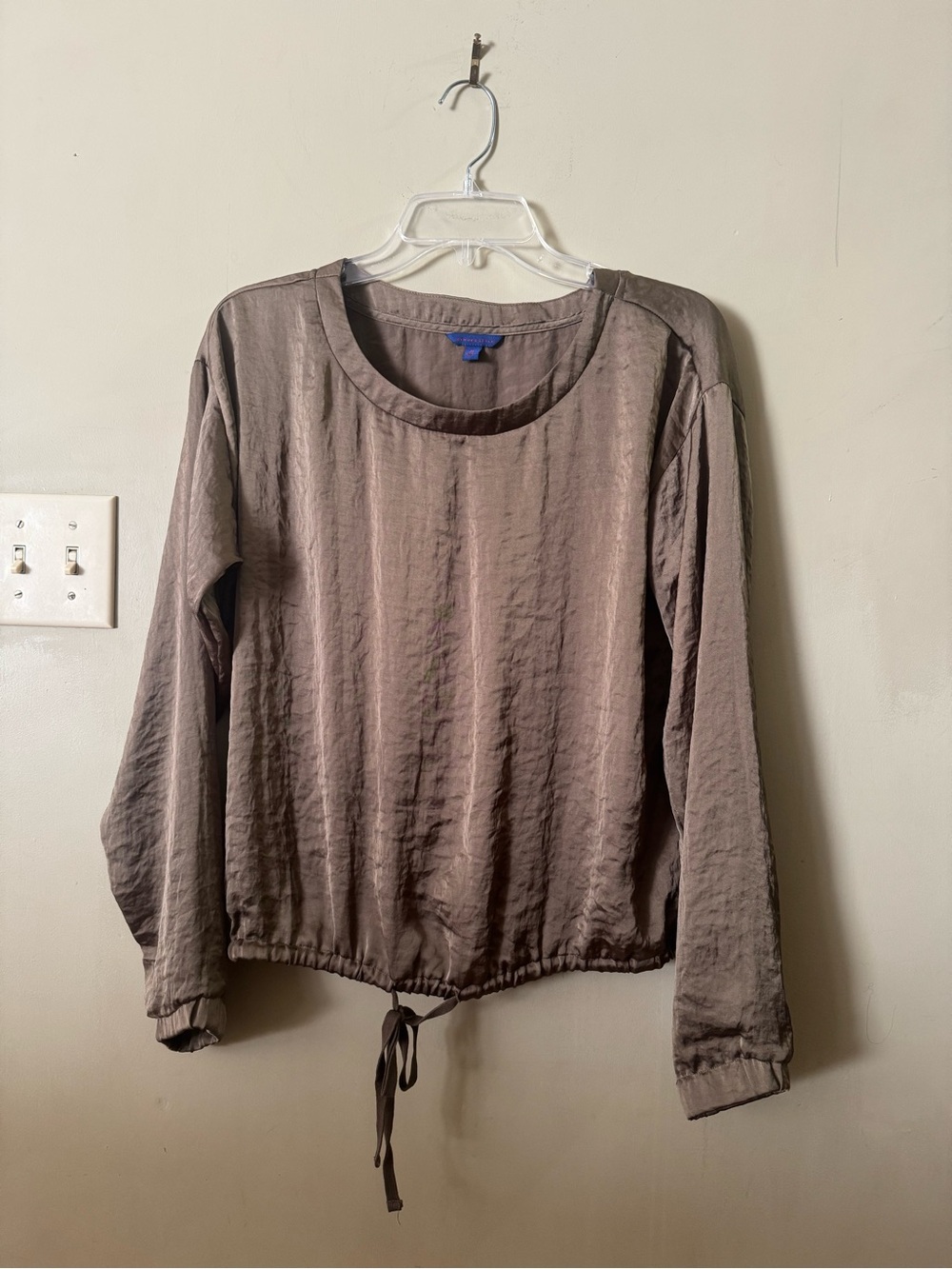 Aeropostale Gold Satin Blouse Elastic Tie Hem Bronze Metallic Long Sleeve Top M
